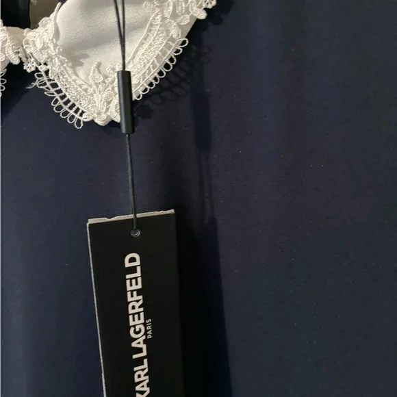 Karl Lagerfeld Navy Top with White Lace Collar Women’s Blouse New - Picture 3 of 6